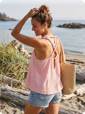 NWT Heyson Pink Double Gauze Cotton Braided Straps Halter Top - Size Large